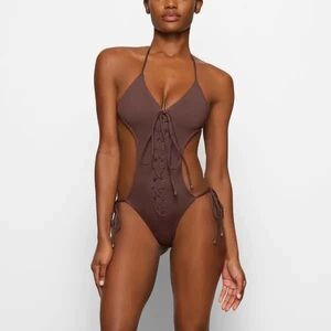 Skims Swim XL Brown Lace-Up One-Piece Monokini Swimsuit Brown Cocoa